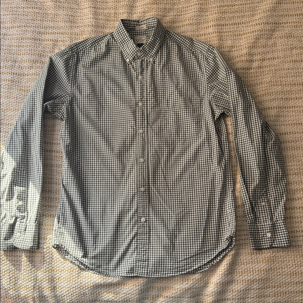 J. Crew Men's Green Checkered Shirt - Green and White Men’s Medium Classic